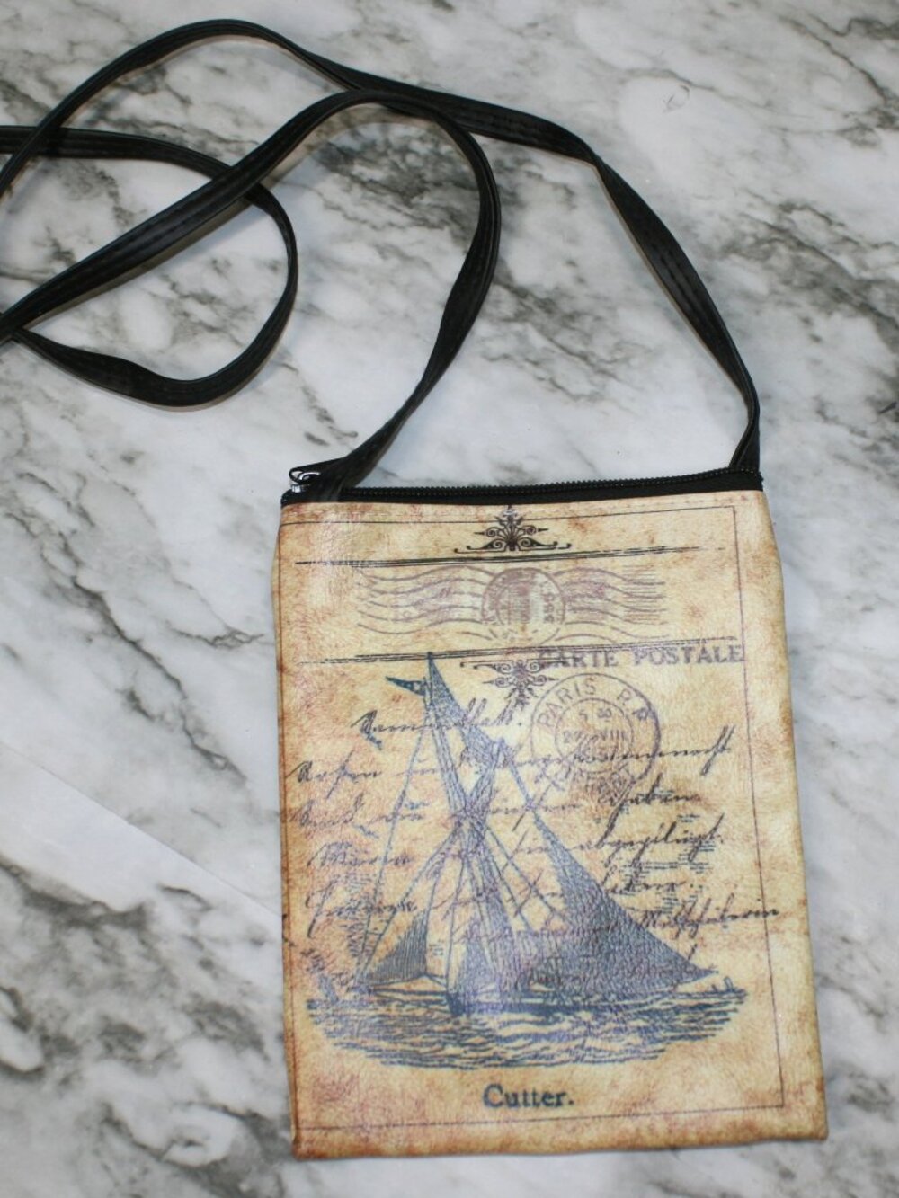VINTAGE Purse Mini Bag Postcard Nautical Sailboat Travel Crossbody Leather